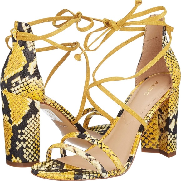 NEW ALDO NYMERIA Ladies Strappy Block Heel Sandal in Yellow Snake Print Sz 6 - Picture 2 of 13
